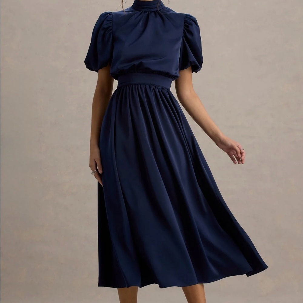 NWT Club L London Persea Navy Satin Puff-Sleeve Wedding Guest Midi Dress - Picture 4 of 9